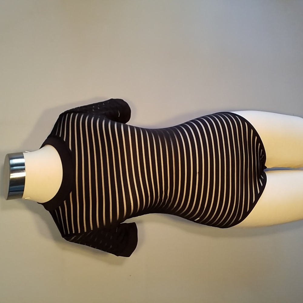 3/$25 Bodysuit S Black Mesh Stripe Bodycon Short Sleeve